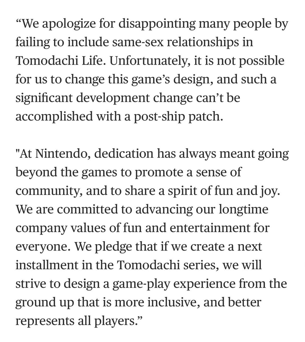 RainingKetchup's tweet photo. Seems people didn’t expect that LGBTQ+ would be present in tomodachi, but for those unaware

Not only did Nintendo of America issue an apology over the 3DS entry in 2014, but PLEDGED that the next installment would include same-sex couples. I am very glad they kept their promise! https://t.co/9ipYwLyia4