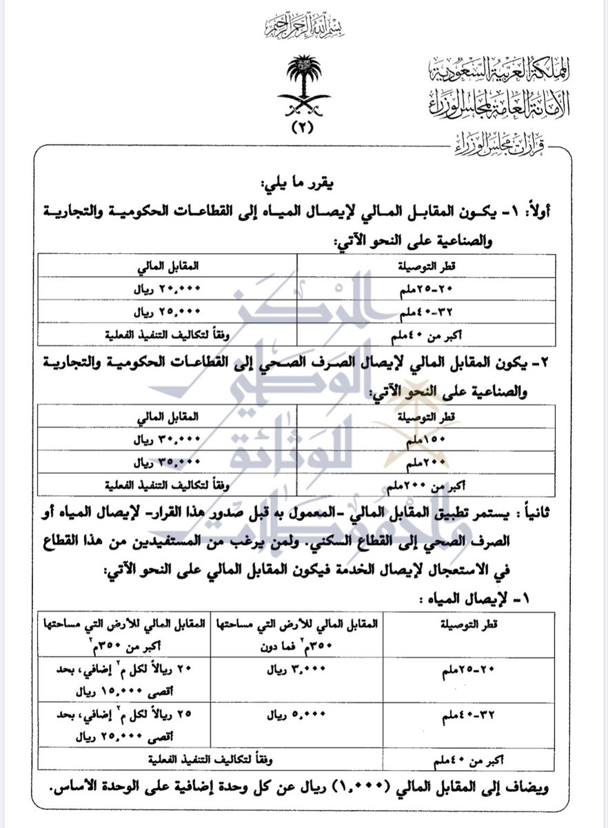 قرار مجلس الوزراء رقم (٧٦٣) بتاريخ ٣٠/ ١١/ ١٤٤١هـ المرفق يقول (يستمر تطبيق المقابل المالي المعمول به قبل صدور هذا القرار لإيصال المياه او الصرف الصحي الي القطاع السكني)
ولمن يرغب بالاستعجال لإيصال الخدمة فهذه هي الرسوم .
يعني بيانكم الصحفي يا شركة المياه (كل الناس مستعجلين) !!