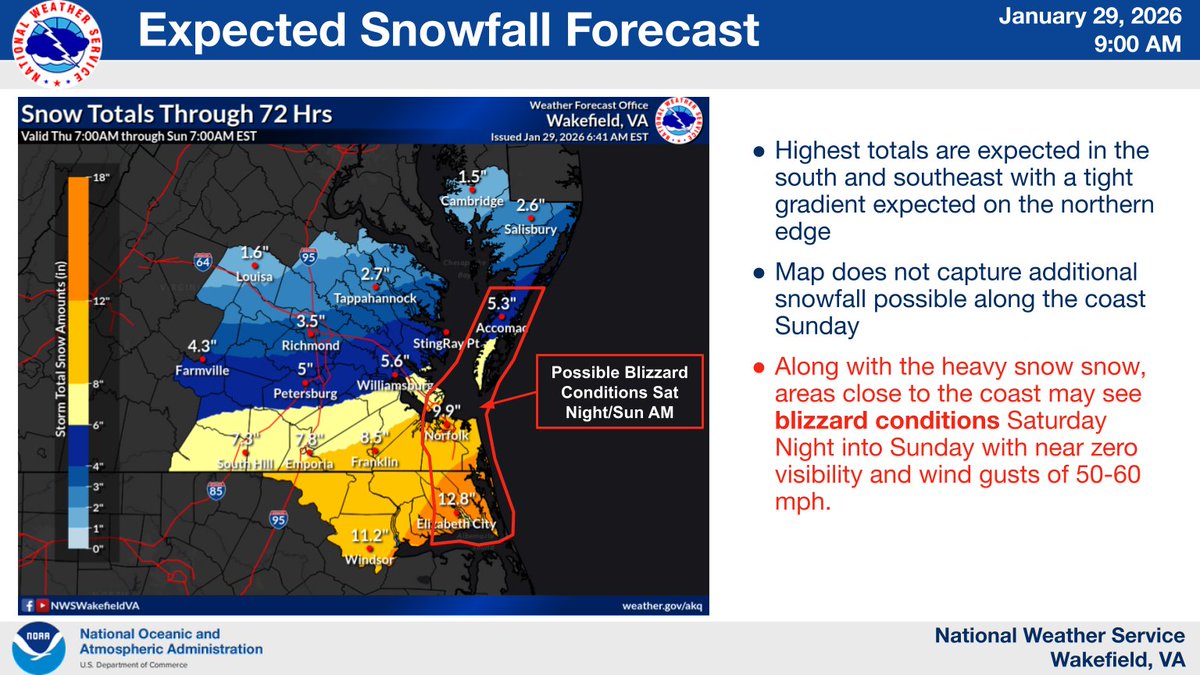 NWSWakefieldVA's tweet photo. A strong low pressure is expected to develop &amp; intensify this weekend. This will bring snow starting later Fri/early Sat (especially in the Piedmont) &amp; peaking Sat-Sun AM. Probabilities for significant snow are increasing, especially across southern &amp; southeastern locations (1/3) https://t.co/dviMAUJNas