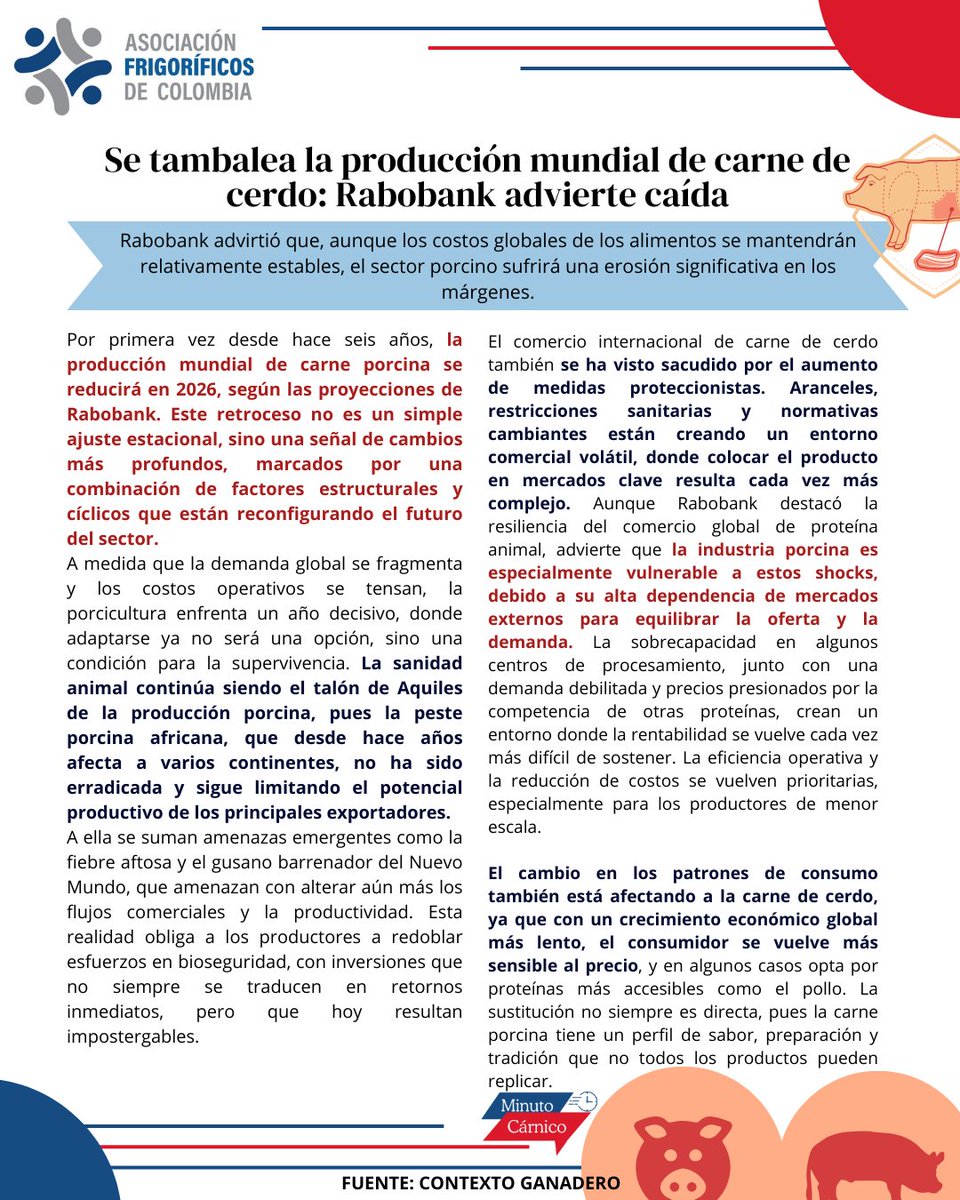 Asofrigorificos's tweet image. La proyección para el 2026 acerca de la carne de cerdo es tendencia a la baja según Rabobank, entérese de más detalles en el minuto cárnico.