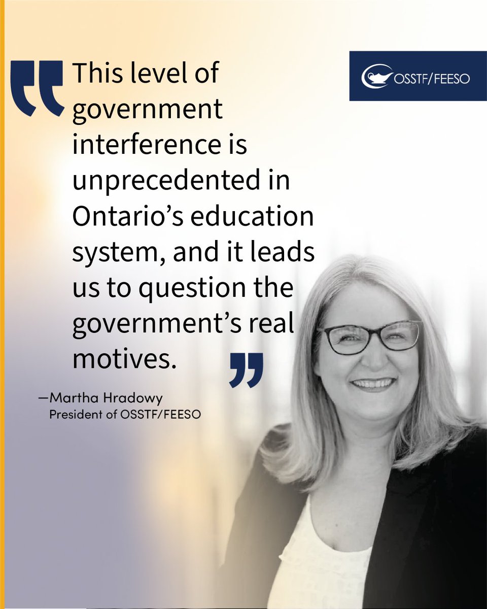 osstf's tweet photo. MEDIA RELEASE: Seven Ontario school boards are now under provincial supervision.

As OSSTF/FEESO President @marthahradowy said: “This level of government interference is unprecedented in Ontario’s education system, and it leads us to question the government’s real motives.”

For years, #OSSTF has warned about underfunding and staffing shortages. Supervision does not address those long-standing issues, in fact, it distracts from the challenges in Ontario schools.

“What is needed now is concrete action. Students and education workers are paying the price for years of underfunding and policy decisions that have ignored conditions in schools. The government must act to ensure safe learning and working environments for everyone.”

Read our full release: https://t.co/yZlGJGz77m

#OntEd #OnPoli
