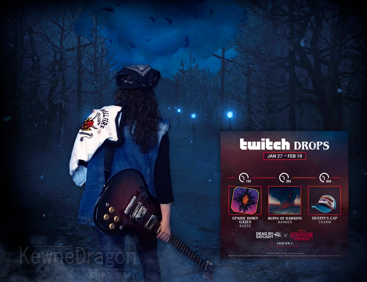kewnedragon's tweet photo. Goood morning!! 
We are stepping into the fog..or the upside down.. as Eddie Munson 🔥 I'll be Cosplaying Eddie &amp; Playing him in game! Come join me in the Hellfire &amp; get some cool drops https://t.co/5Bb7YNQzb4 #DeadbyDaylight #intothefog #ShirtMySurvivor #Cosplay #StrangerThings https://t.co/Prh5djWL2H