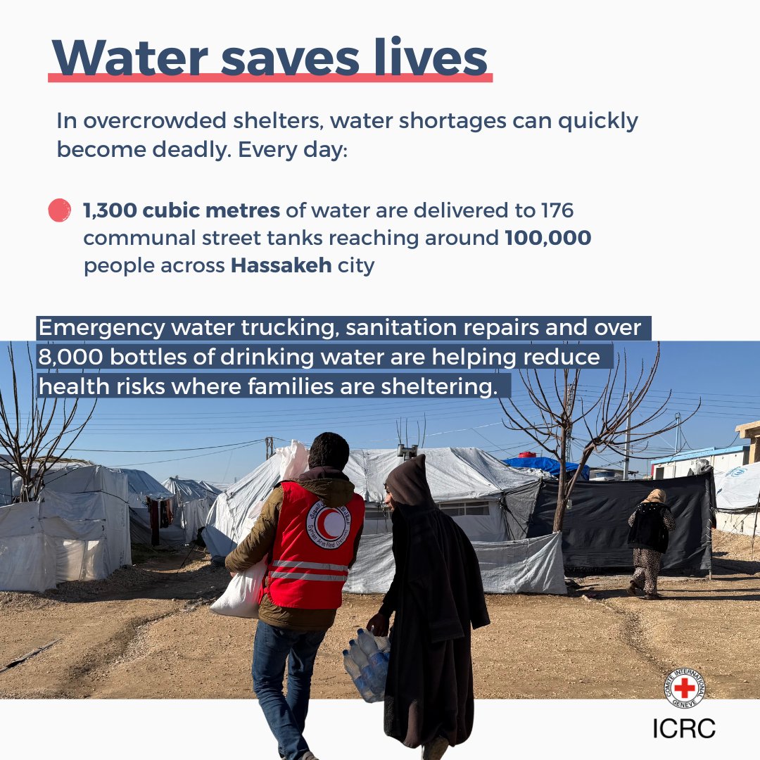 ICRC_sy's tweet photo. Since hostilities escalated in January, families across Aleppo, Hasakeh, Raqqa &amp; Deir Ezzor are again on the move. Winter cold, damaged services &amp; insecurity make daily life harder. With the SYRedCrescent, we continue delivering emergency aid across northern Syria. https://t.co/WSdQwc8a4G