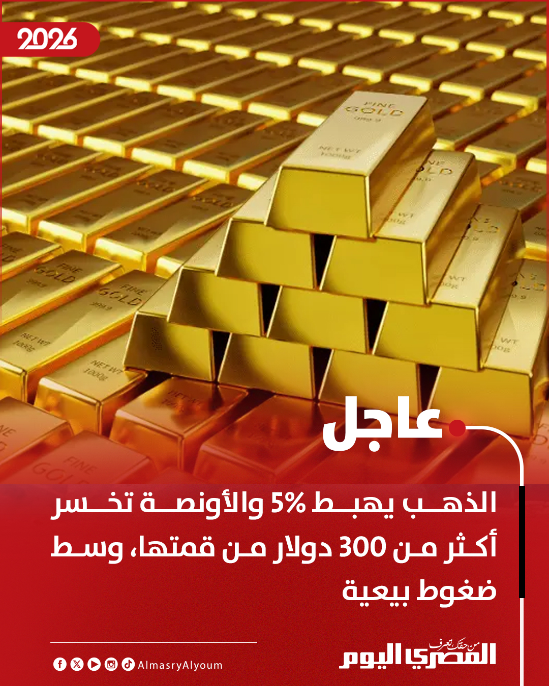 الذهب يهبط 5% والأونصة تخسر أكثر من 300 دولار من قمتها، وسط ضغوط بيعية 