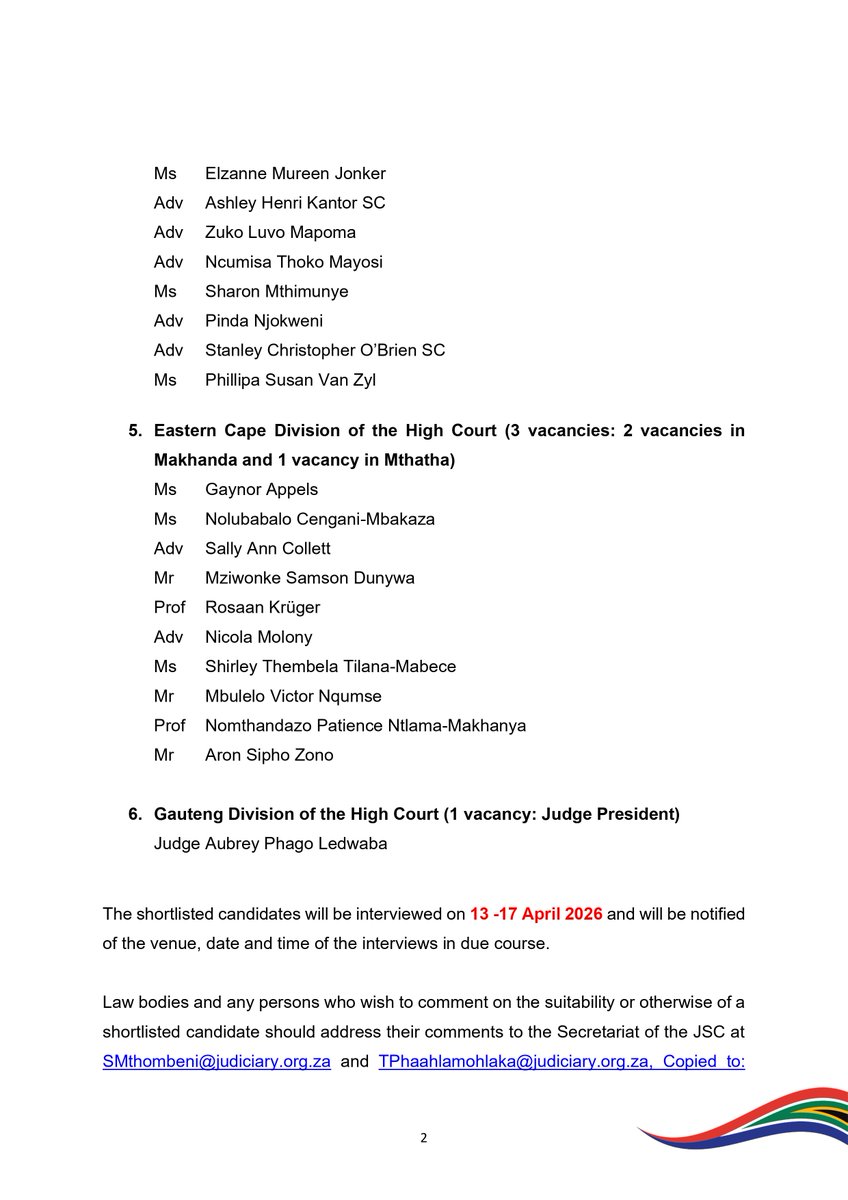 OCJ_RSA's tweet photo. MEDIA STATEMENT

29 January 2026

Media Statement 

Judicial Service Commission

Shortlisted candidates for judicial vacancies as released by the Judicial Service Commission. Interviews will take place from 13 to 17 April 2026. https://t.co/GTYgYwASTu