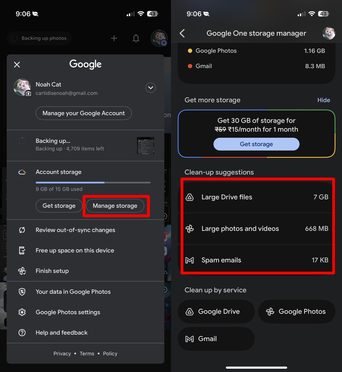 Cartidise's tweet image. It’s really easy to fix this without paying Google a cent

Step 1

&amp;gt; Open Google Photos
&amp;gt; Tap on your profile picture and then Manage storage 
&amp;gt; Under cleanup suggestions, tap on each section and delete large files/photos/videos (download locally first if you wanna keep them)…