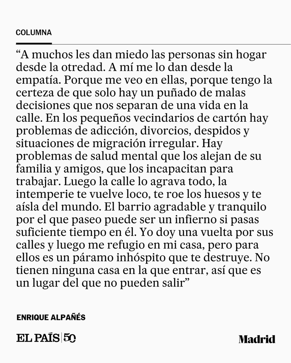 Opinión | "Solo reparamos en las personas sin hogar cuando molestan. Su drama solo nos interpela cuando tropezamos con su miseria. O cuando un alcalde racista e inhumano los desaloja de un antiguo instituto en lo peor del invierno". Por Enrique Alpañés social.elpais.com/r_84b3