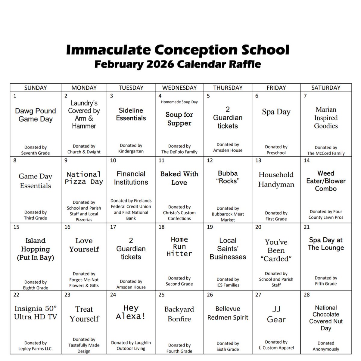 SaintsICS's tweet photo. DON'T FORGET! Immaculate Conception School Annual Calendar Raffle is starting very soon, on February 1st! https://t.co/uhL4Xvkee2