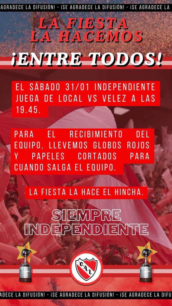 Me llego este flyer. Comparto para quien le interese participar del recibimiento. #Independiente