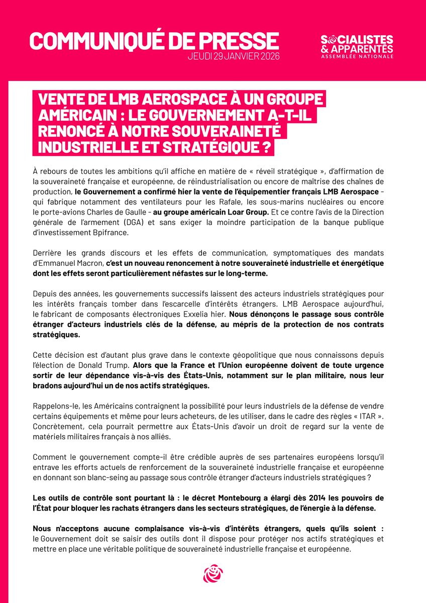 🔴 Le Gouvernement confirme la vente de LMB Aerospace, acteur clé de la défense française, à un groupe américain.

Dans le contexte géopolitique, ce renoncement à notre souveraineté industrielle et stratégique est inacceptable.

→ parti-socialiste.fr/vente_de_lmb_a…