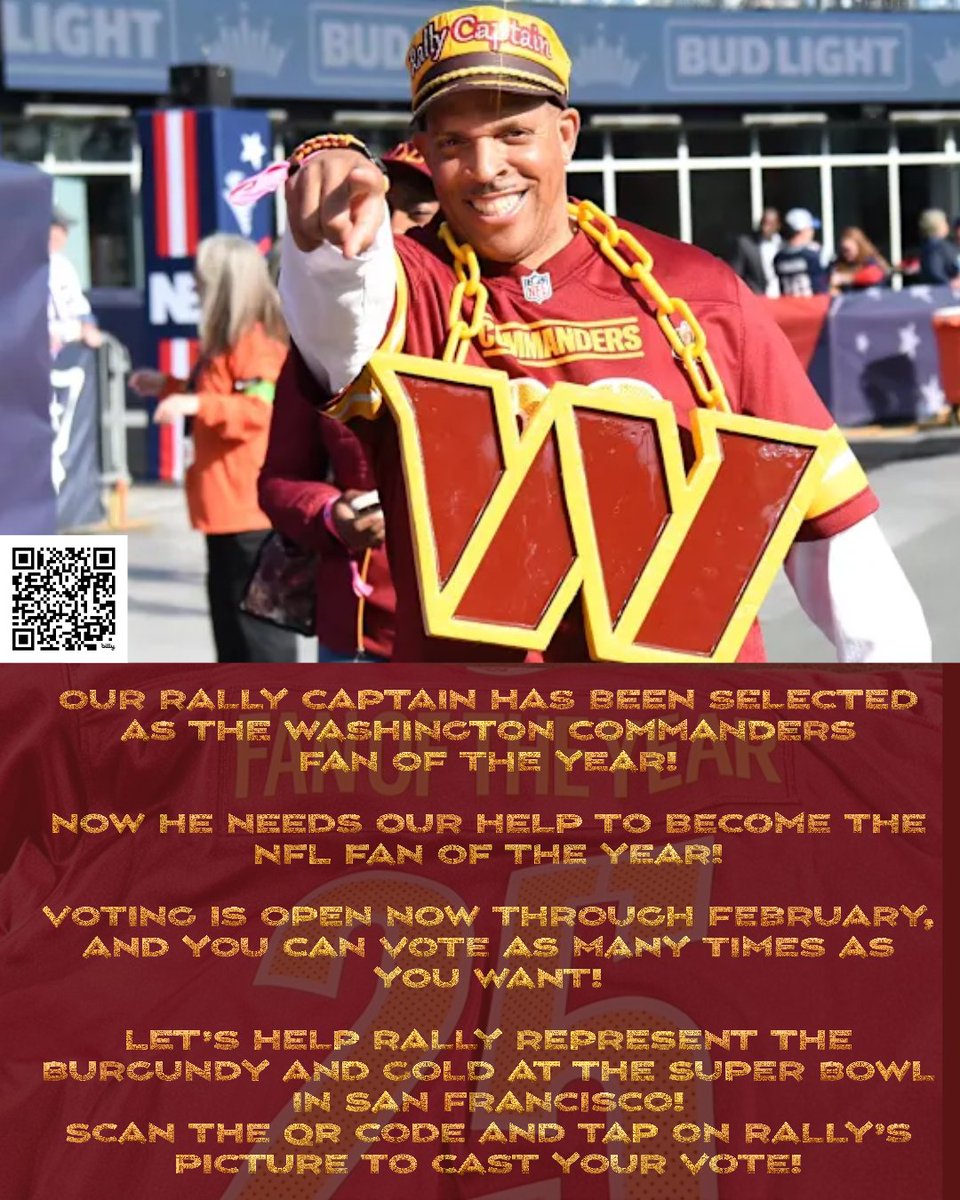 It’s not too late to vote for our guy <a href="/RallyCaptain/">Rally Captain</a> for <a href="/NFL/">NFL</a> Fan of the Year! Let’s rally behind him and help him bring home this well-deserved honor. Voting closes soon—and you can vote as many times as you want. Scan the QR code or hit this link:
 bit.ly/rallyfoty