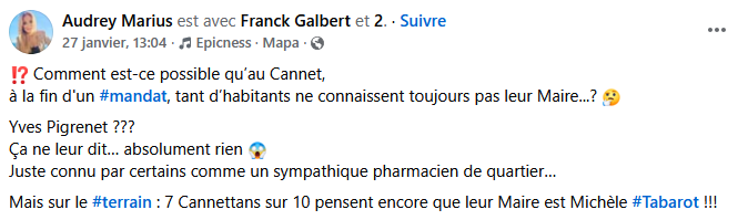 AvecTabarot's tweet image. Alors que du côté de Franck Galbert déjà candidat 3 fois aux municipales et 2 fois aux législatives, zéro Cannettan sur dix ne le connaît...
Et sinon toujours pas le début du commencement d'un projet à proposer pour Le Cannet en dehors des attaques personnelles ?