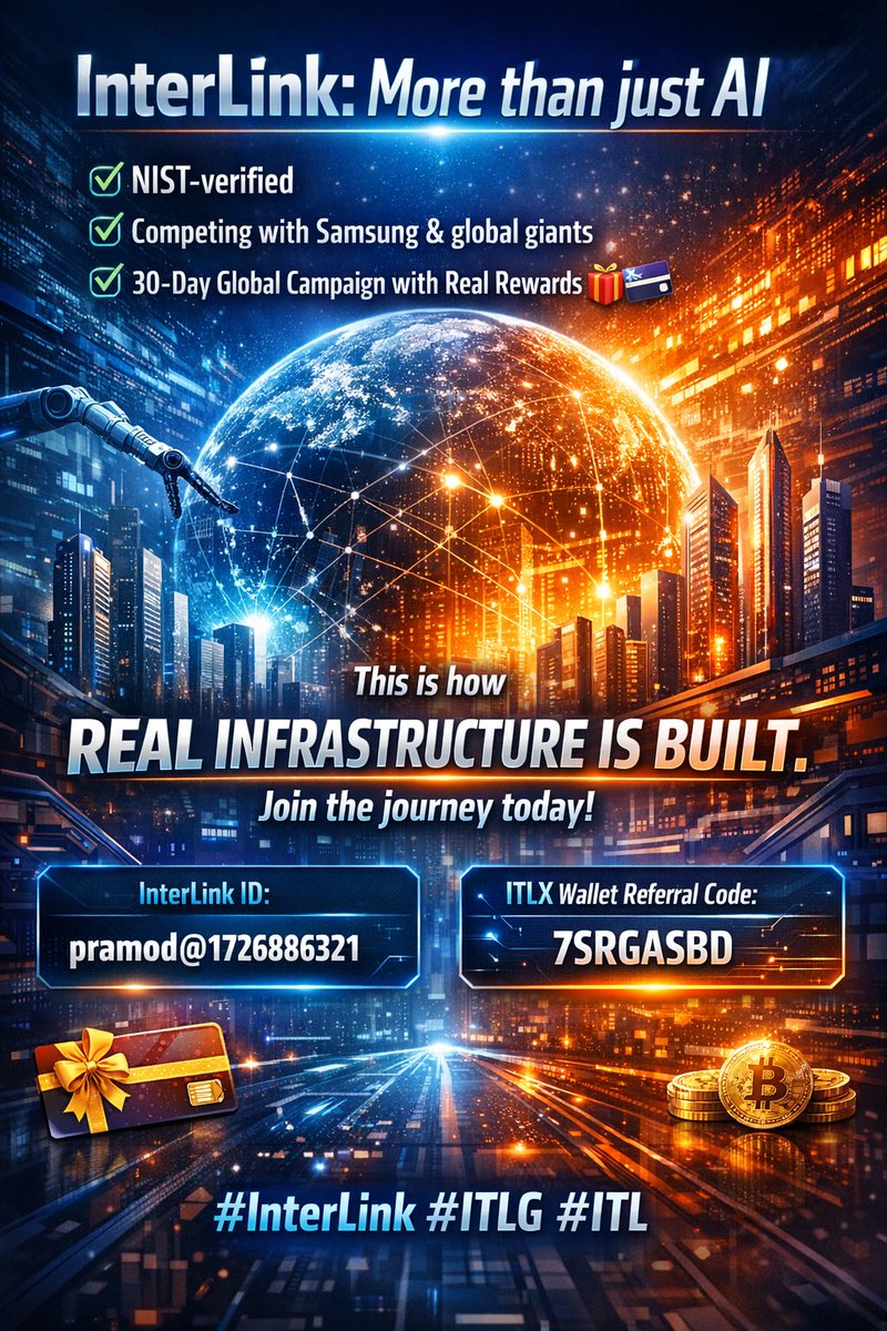 pramodkumar369C's tweet photo. InterLink:More than just AI
✅NIST-verified ✅Competing with Samsung &amp; global giants
✅30-day global campaign with real rewards 🎁💳
This is how real infrastructure is built. Join the journey today!
InterLink ID: pramod@1726886321
ITLX Wallet Code: 7SRGASBD
#InterLink #ITLG #ITL https://t.co/N7OZj1dMkY