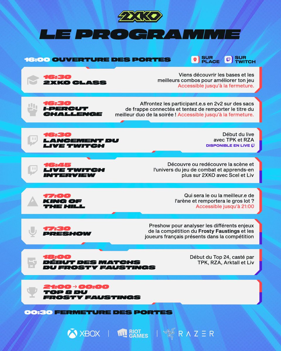 2XKOFR's tweet image. Le programme de la soirée de lancement de 2XKO ce dimanche est dispo !!

Si tu débutes sur le jeu et que tu veux apprendre ou au contraire tu as envie de montrer ton talent et gagner des prix dans le King of the Hill, on se dit rendez-vous week-end au C2 à Montparnasse !

🔗…