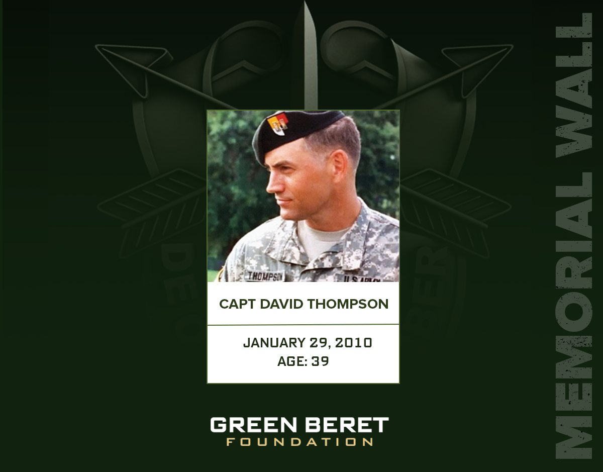 GreenBeretFound's tweet image. Today we honor the memory of CPT David J. Thompson, killed in action on this day in 2010. He served with 3rd Special Forces Group (Airborne). His service and sacrifice will never be forgotten.
De Oppresso Liber
greenberetfoundation.org/memorial-wall/
#GreenBeret #RememberTheFallen