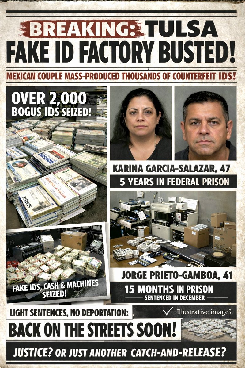 BREAKING in Tulsa:  A Mexican national couple ran a nationwide counterfeit ID factory right here—churning out "thousands" of fake driver's licenses, Social Security cards, green cards, and more. Over 2,000 completed bogus IDs were found on their devices. 

Sentenced:

▪︎Karina