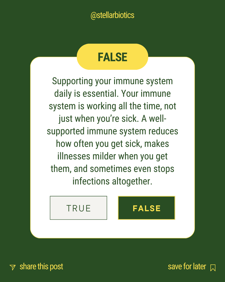 stellarbiotics's tweet photo. True or False? You only need immune support when you're sick. 

Swipe to find out if you're correct. 

Looking for daily immune support? Try del-IMMUNE V® DAILY for immediate immune system &amp; gut health support all year long. 

Shop now: https://t.co/PEHFxISXxJ https://t.co/52BXrHWGjx