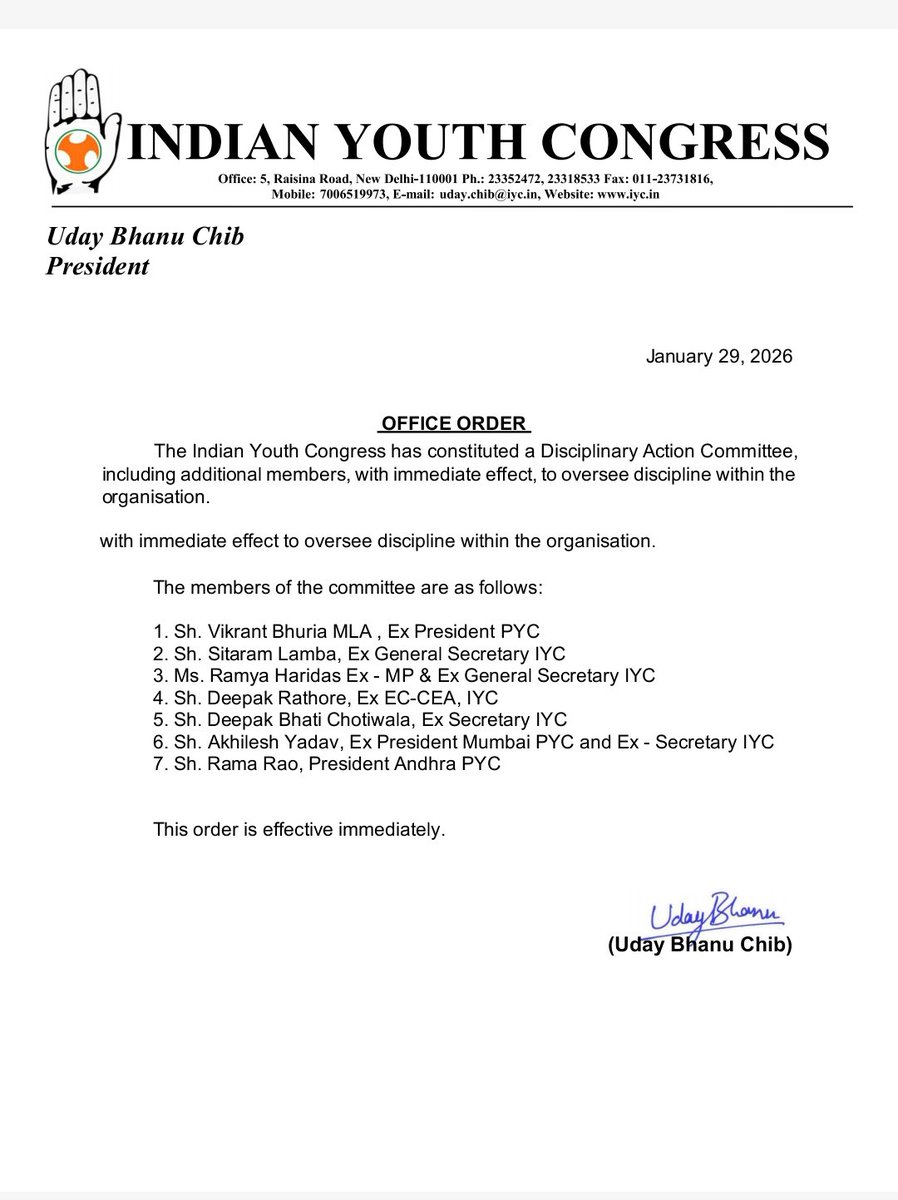 IYC's tweet image. #Update: The Indian Youth Congress has constituted a Disciplinary Action Committee with immediate effect to strengthen organisational discipline.

With the inclusion of #additional #members, the committee comprises former Youth Congress leaders, ensuring broader representation,