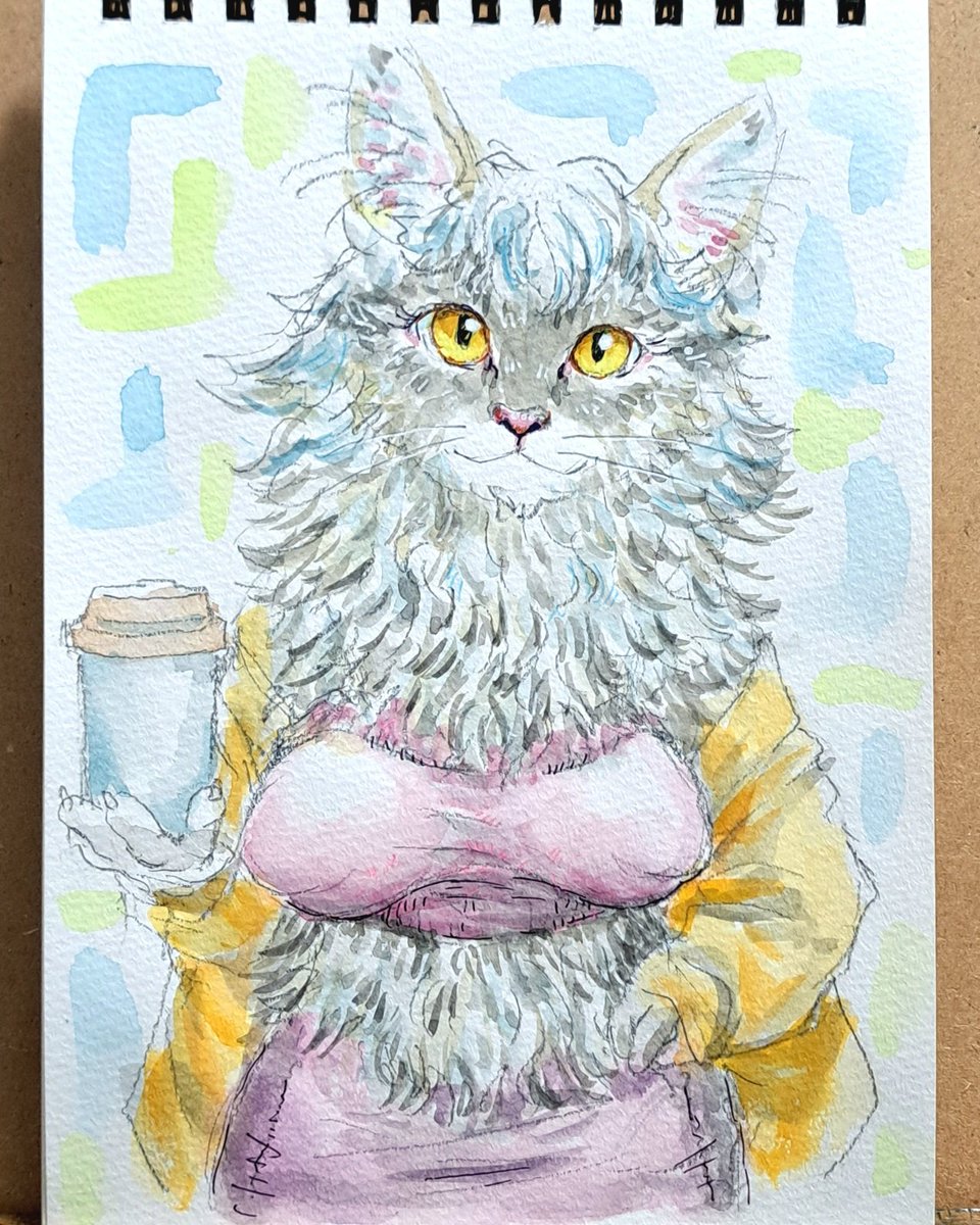 fluffy fluffy🐱#watercolorpainting #kemono   #メスケモ #cat