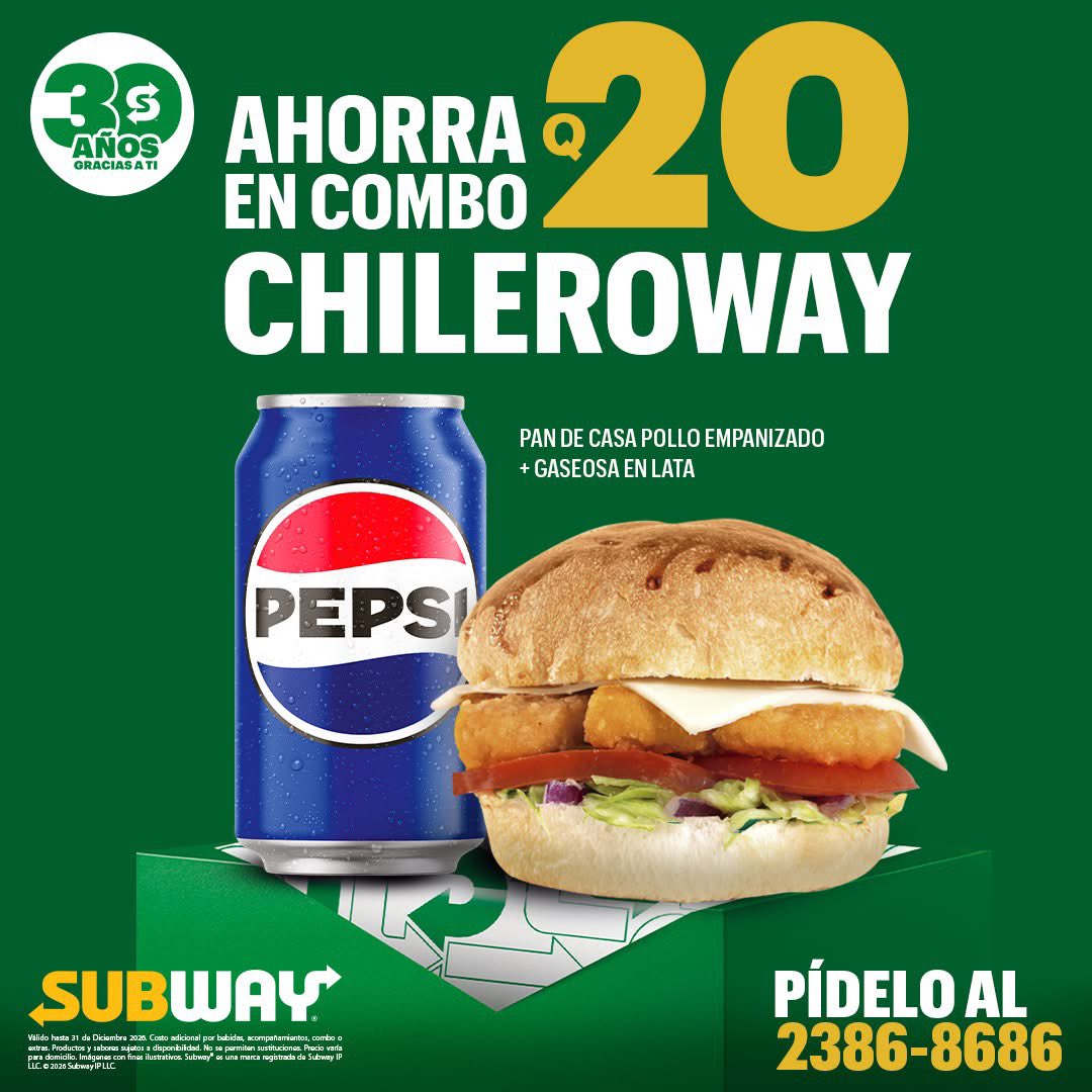 SubwayGuatemala's tweet photo. @danieladb_ Con Q5 más te compras un combo chileroway, pero si pasas hoy a un restaurante nosotros te lo regalamos! Mándanos un DM para ponernos de acuerdo 💚 https://t.co/AQj4nUqBjq