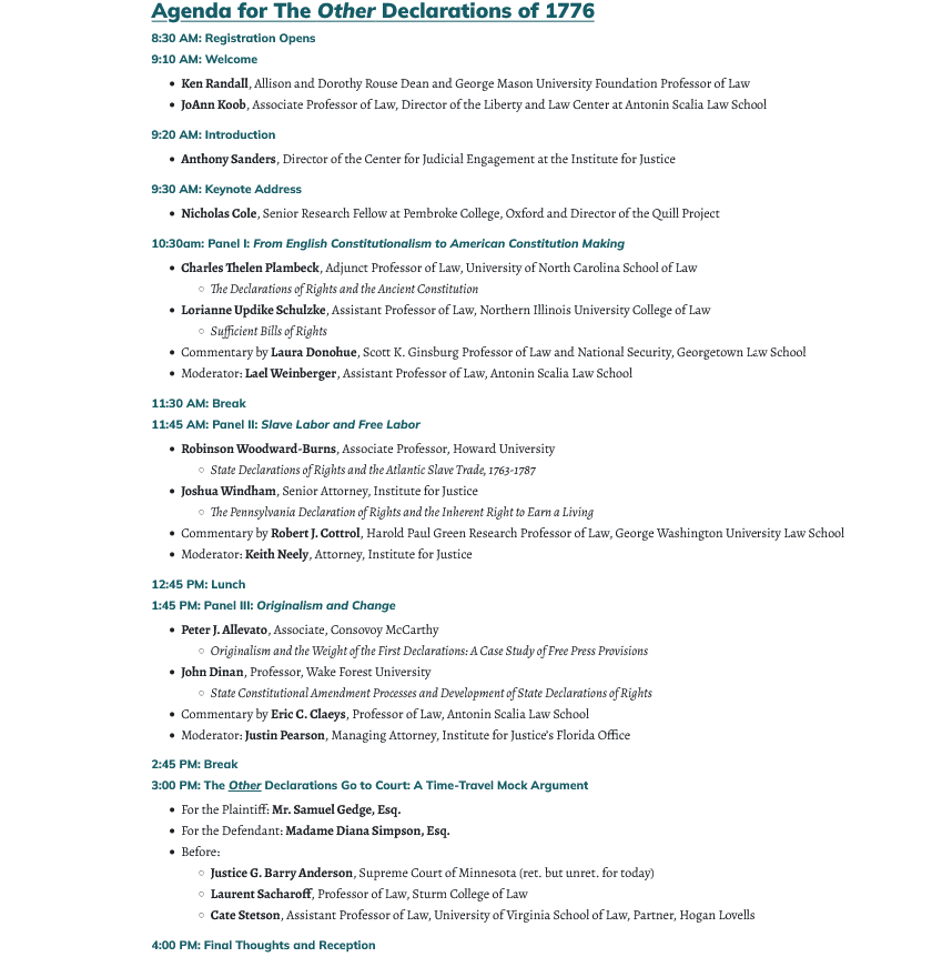 The full schedule for “The Other Declarations of 1776” is up! Sponsored by <a href="/IJ/">Institute for Justice</a> &amp; <a href="/georgemasonlaw/">Scalia Law School</a>’s Liberty &amp; Law Center it explores the Declarations of Rights new states proclaimed in that fateful year. It’s on April 10, 2026 in Arlington, VA. Register today! #1776AndAllThat 1/