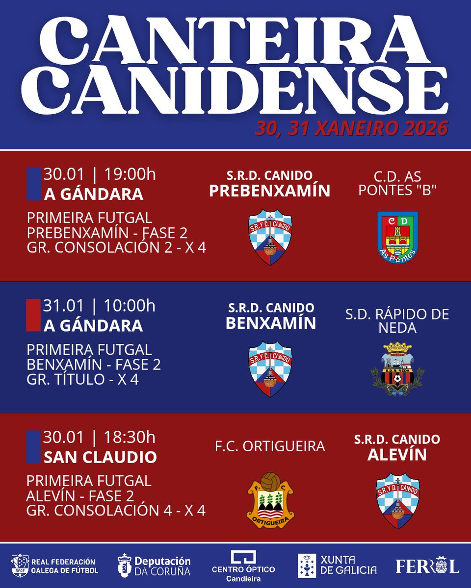 ⚽️ CANTEIRA CANIDENSE ⚽️

👉🏻 Aquí tedes os horarios da xornada 4 da nosa canteira.

#OpaCanido