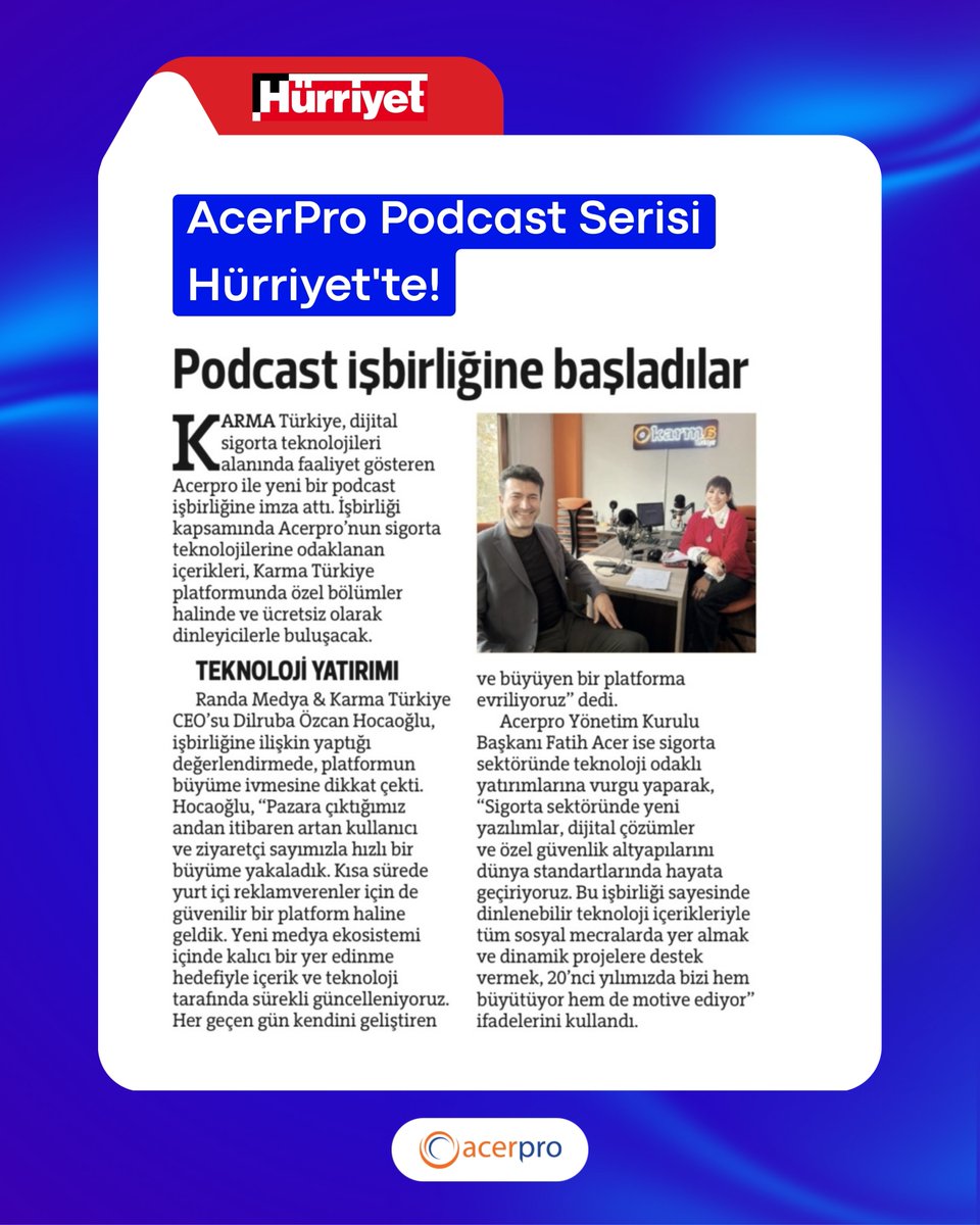 AcerPro Podcast Serisi, <a href="/Hurriyet/">Hürriyet.com.tr</a>'te yer aldı.

Dijital sigorta teknolojilerine odaklanan içeriklerimizle, sektörün dönüşümüne dair bakış açımızı daha geniş kitlelerle buluşturmaktan mutluluk duyuyoruz. 💙

#AcerPro #Podcast #DijitalSigorta #Medya