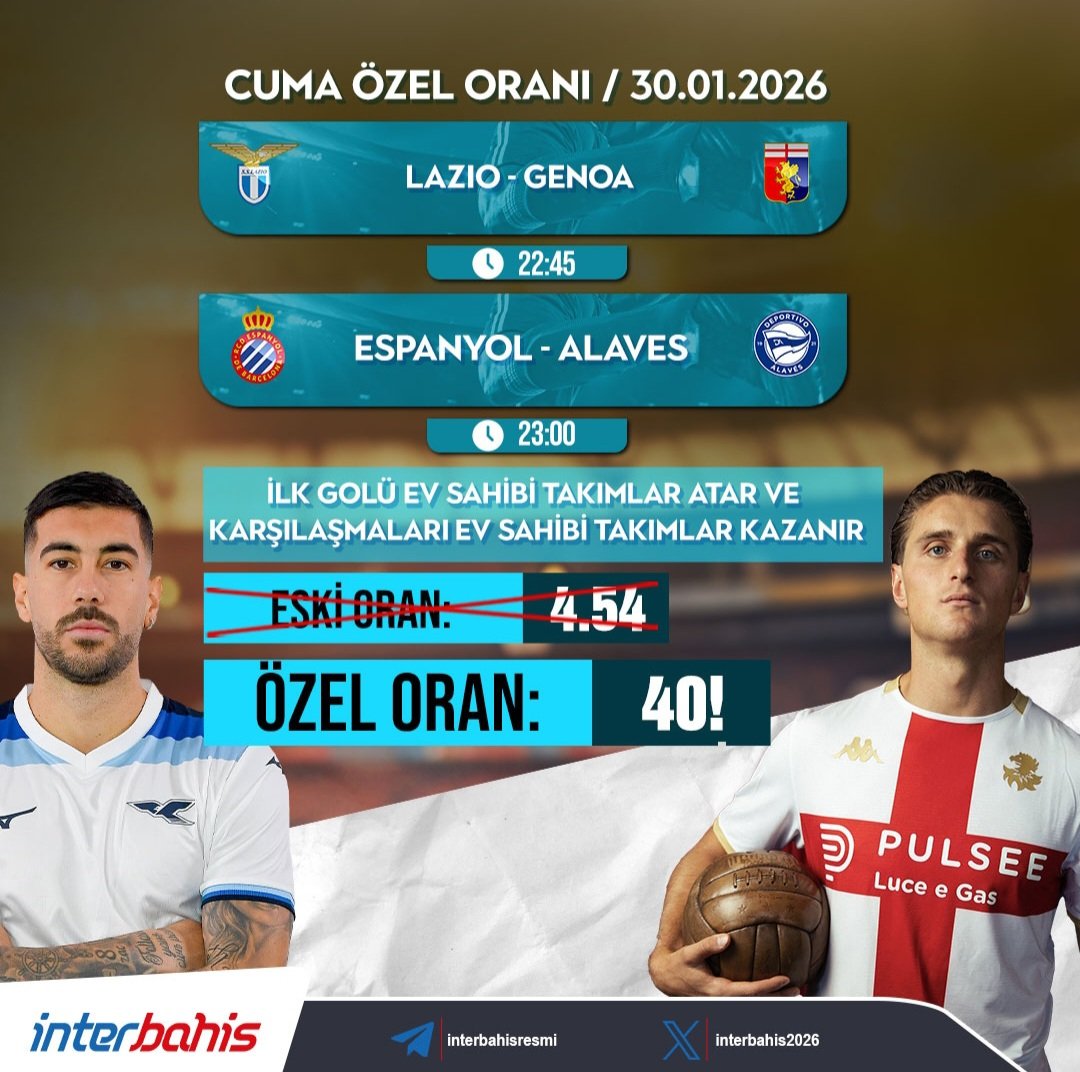 interbahis2026's tweet photo. 🔥 CUMA'NIN KAZANDIRAN ORANI DA GELDİİİ !!!! 🔥

⚽️ İLK GOLÜ EV SAHİPLERİ ATAR VE MAÇI EV SAHİPLERİ KAZANIR!!! ⚽️

🔝💯 ÖZEL ORAN: 40.00! 🔝💯

✅️ ÖZEL ORAN LİNKİ ✅: https://t.co/T8LYSOBW7F

#interbahis #Lazio #Genoa #Espanyol #Alaves #bahis #kupon #oran #iddaatahminleri https://t.co/rDS85BxSeN
