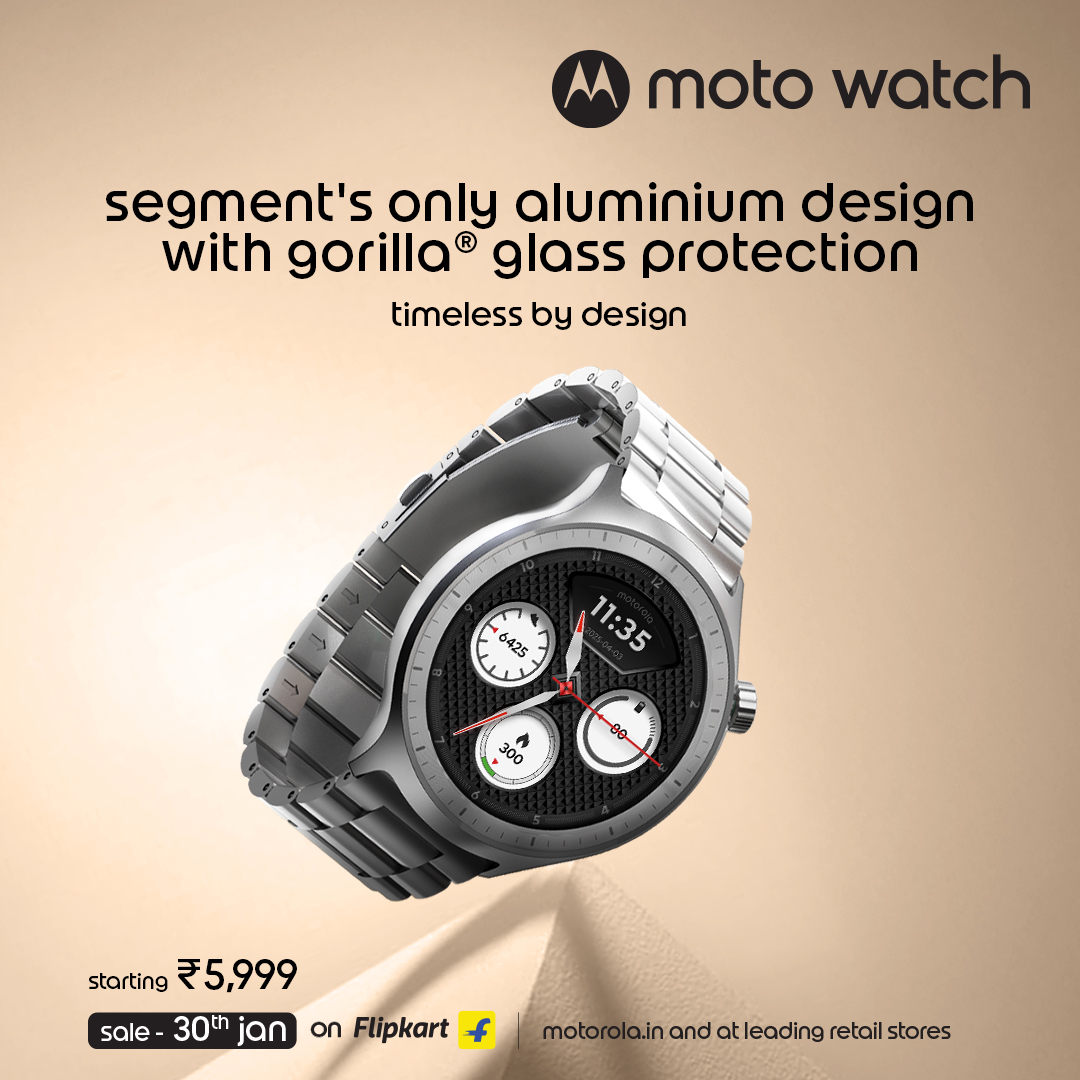 motorolaindia's tweet photo. Introducing the all-new moto watch for just ₹5,999 with most accurate tracking powered by Polar.

Classic by design, sporty at the core, with the segment’s only aluminium design with gorilla glass

The all-new moto watch. Style In Sync.

#MotoWatch #Motorola #StyleInSync https://t.co/HNaOzg1VdQ