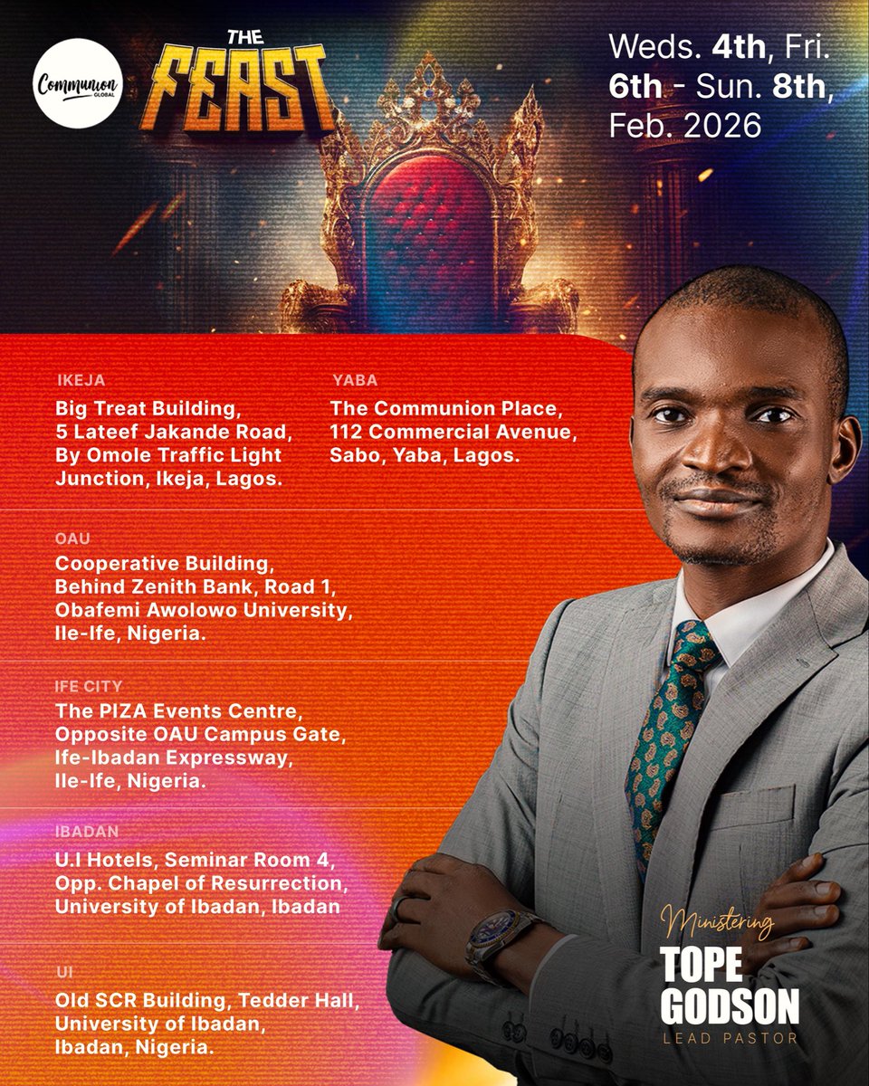 The Feast is a supernatural gathering where we worship, receive instructions and are aligned for the rest of the year.

This is your invite to join us across all our Centres in Lagos, Ibadan &amp; Ile-Ife for The Feast 2026. 

Share this with someone who shouldn’t miss this gathering