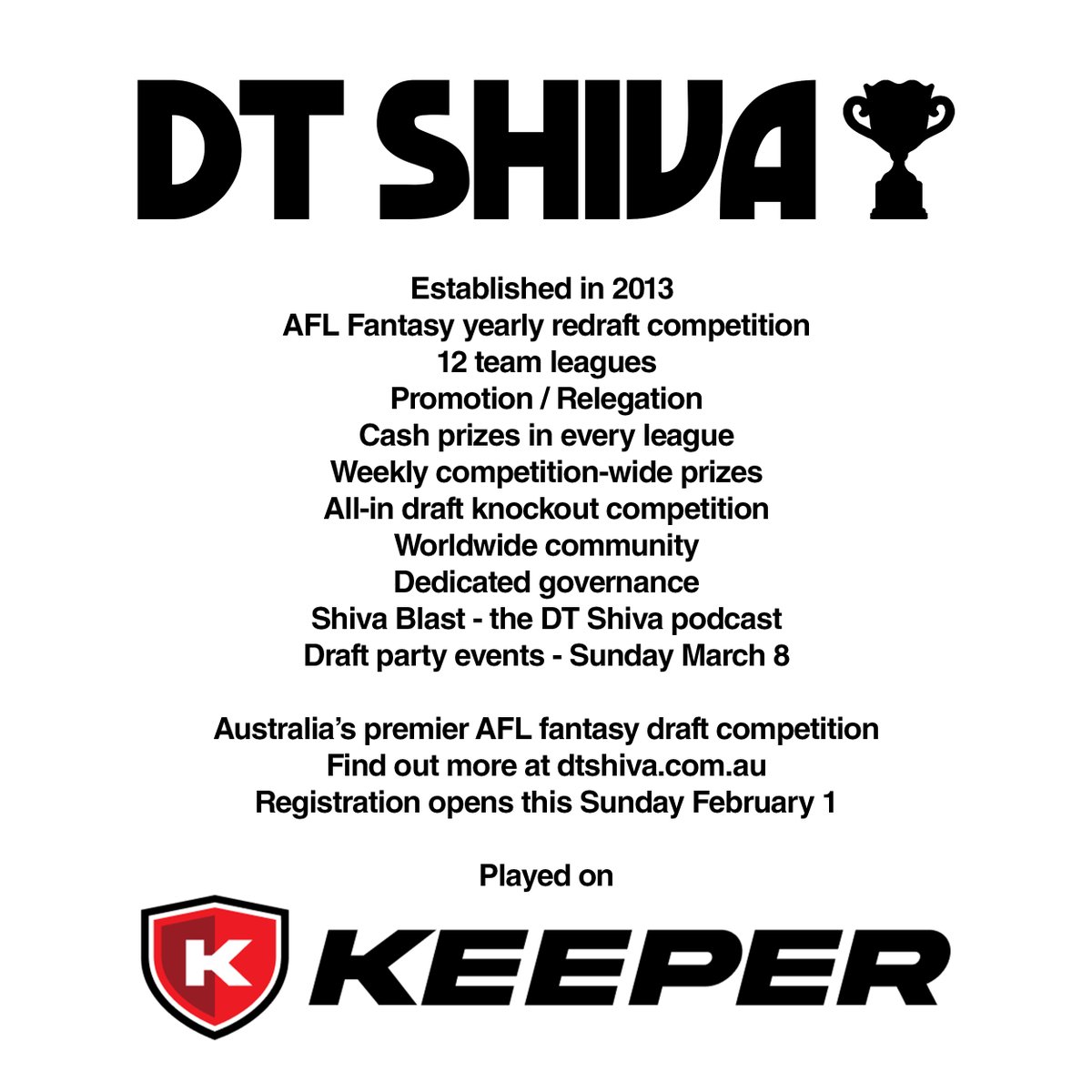 DTShiva_'s tweet photo. Heard the name DT Shiva but never been sure what it's about? It's the biggest AFL draft competition in Australia and perfect for any coach looking to test their skills in the draft game.

Registration opens this Sunday for 2026! 

@KeeperAFL 
#AFLFantasy https://t.co/9eF4yXcDZ6