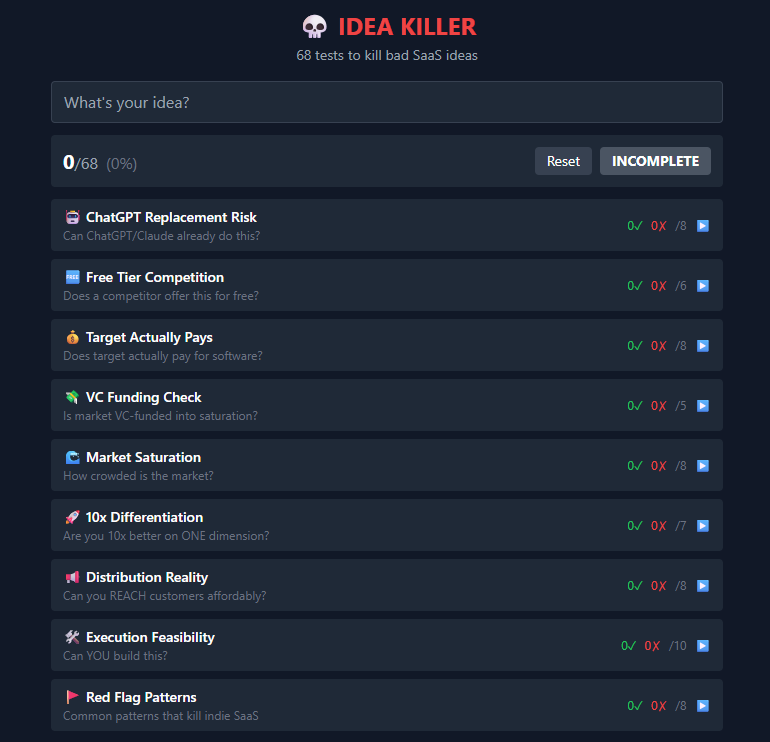 I built a SaaS idea killer

Trying to reverse engineer the thing to find my next idea worth building

I am comitted to do marketing seriously this time, I just want to make sure I am working on the right thing