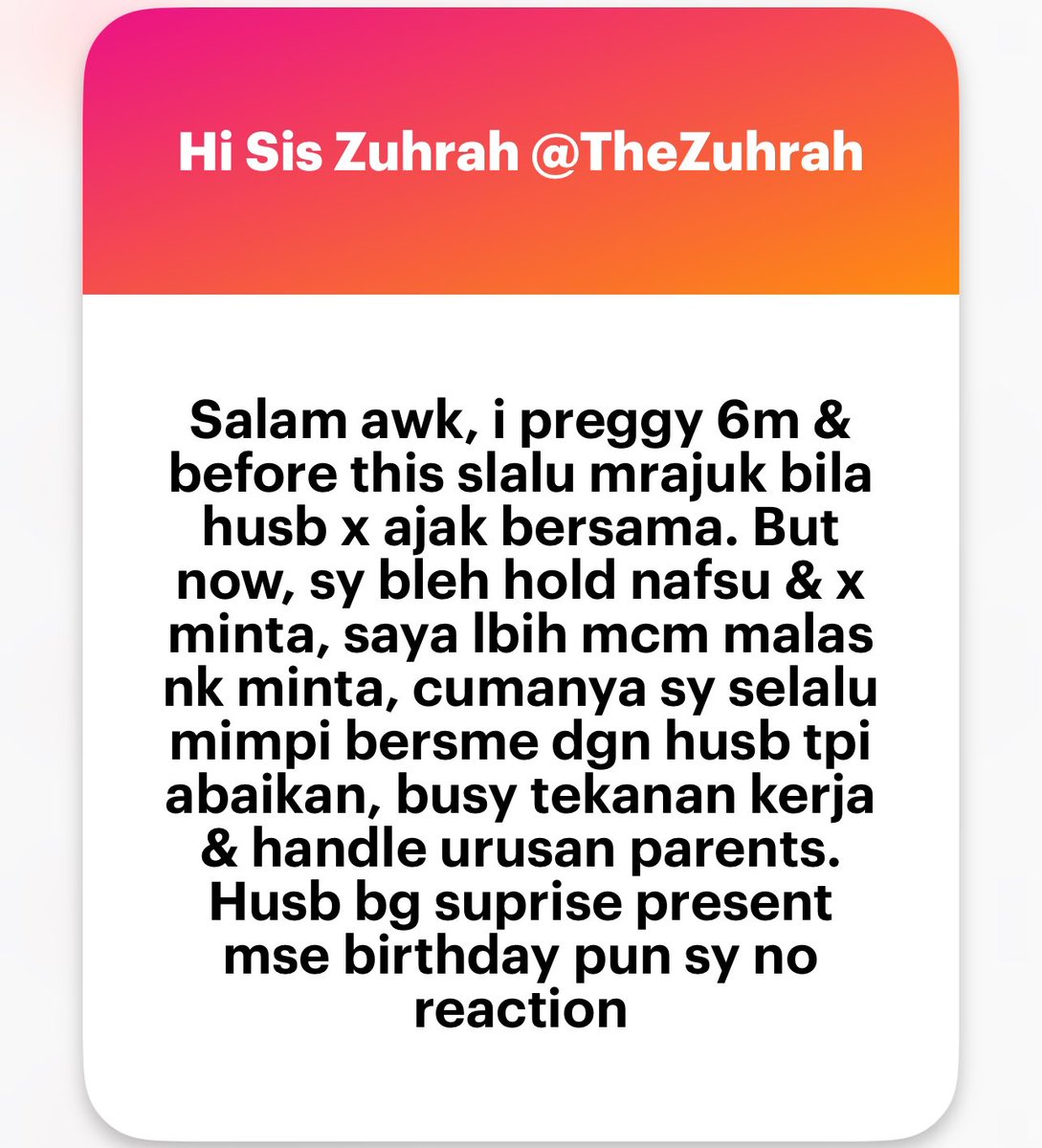 zuhrahx's tweet image. Preggy 6M, suami abai sexually, now emotionally numb

Bila pendam perasaan sebenarnya kita bukan block 1 perasaan saja. Kita akan end up block semua rasa termasuklah happy &amp;amp; excited.

Para suami, tolonglah cakna.
Busy macam mana pun, isteri ada nafsu.

#SexEd #EQ