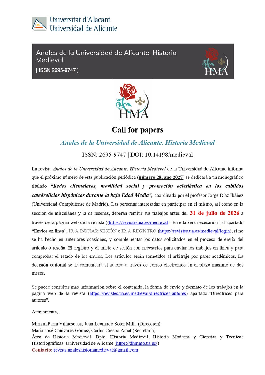 AnalesUAHM's tweet photo. 📢‼️Call for papers "AnalesUAHM" (núm. 28, 2027)

Envíos hasta el 31 de julio de 2026 (sección Monográfico, Miscelánea y Reseñas)

Monográfico: “Redes clientelares, movilidad social y promoción eclesiástica en los cabildos catedralicios hispánicos durante la baja Edad Media”

👇 https://t.co/FrMo3vU2VH