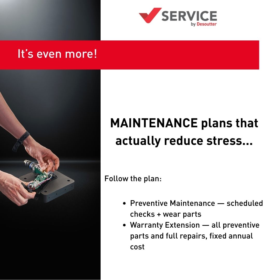 🔧 Desoutter Service: enhance uptime with fewer breakdowns

Avoid the risk of incorrect tightening and reduce potential warranty costs with our Maintenance &amp; Calibration offer: bit.ly/4pEKit2

#Desoutter #MaintenanceAndCalibration #Service
