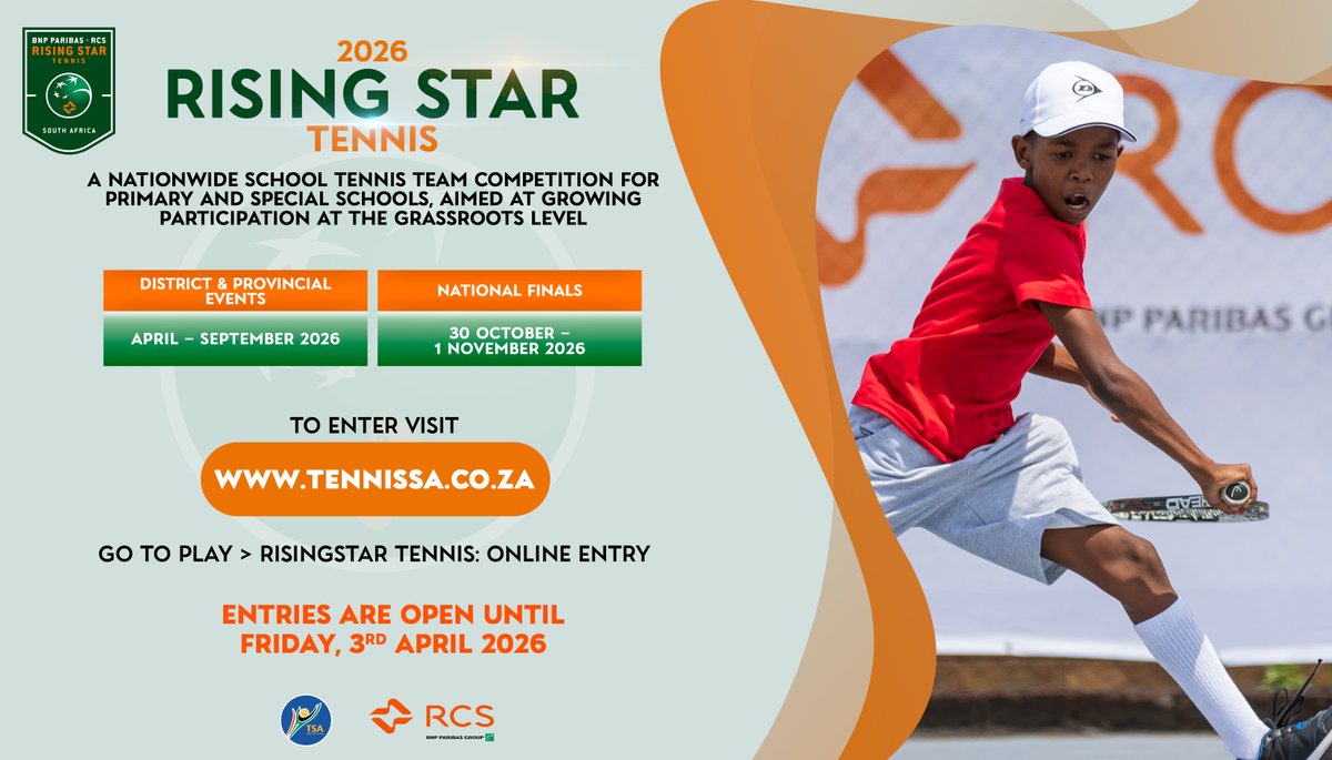 🎾 CALL FOR ENTRIES! 🌟

Tennis South Africa, together with <a href="/RCSGroup_/">RCS Group</a> , is excited to kick off the 7th year of the RCS Rising Star Tennis series and we’re on the lookout for the BEST primary and special school tennis teams in SA!

Think your school has what it takes to shine on