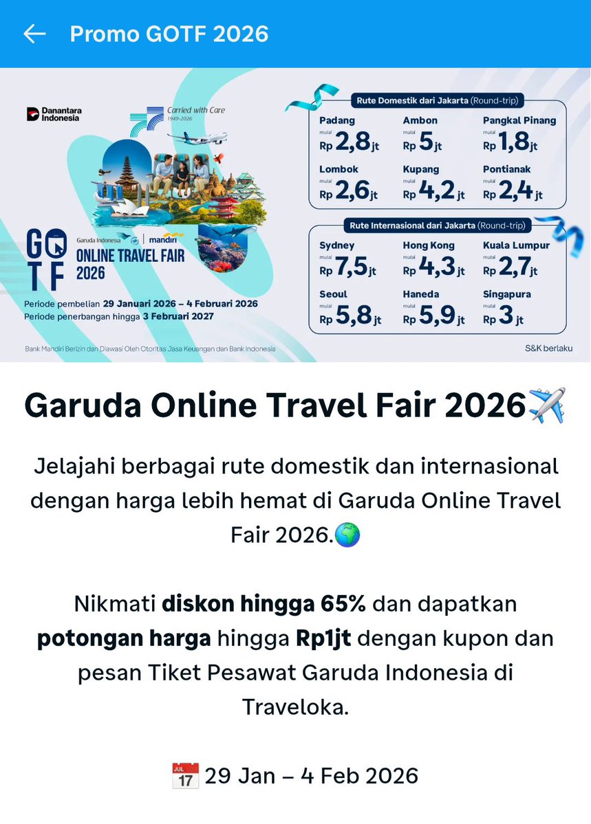 catsedih's tweet image. jabatannya di per-trip-an cukup seram, panglima nunggu promo GOTF ~

ALIAS WOY TIKET PP KE JEPANG NAIK GARUDA 😭 direct no transit transit, bagasi 46kg, cuma 7jutaan!!!

Garuda Online Travel Fair langsung booking di traveloka guys: trv.lk/promotraveloka…