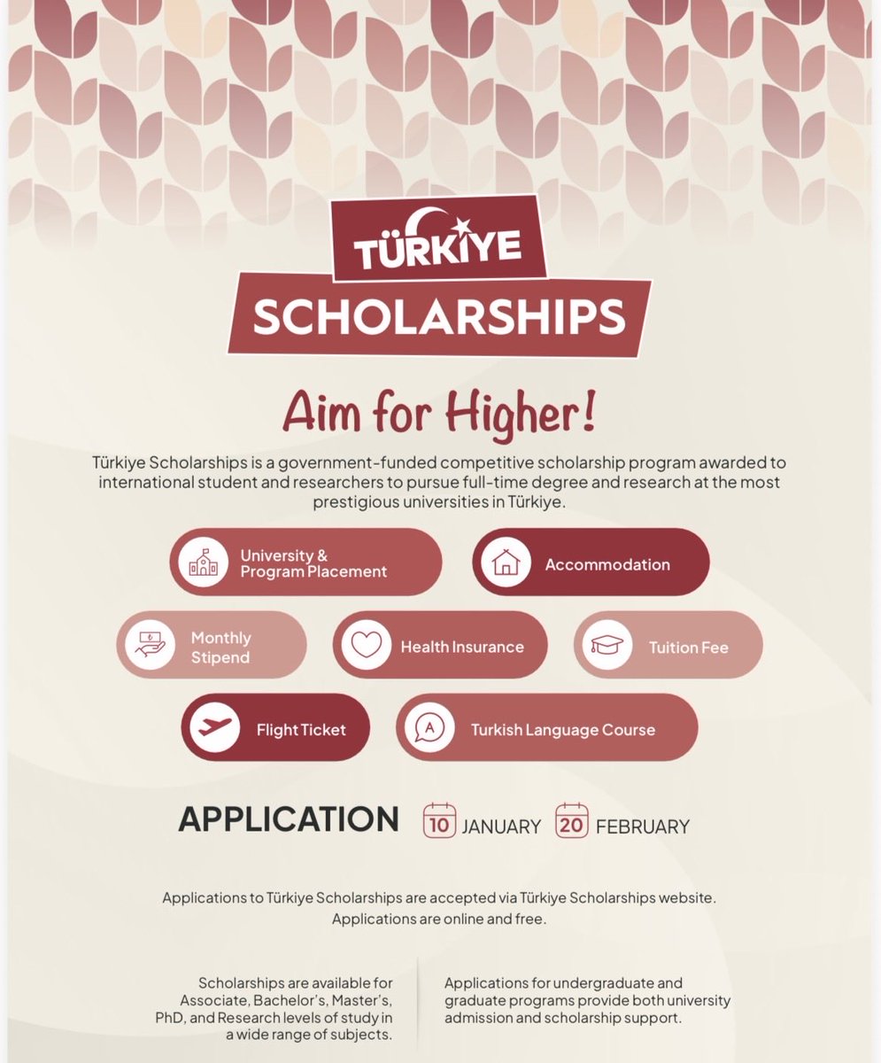 خبر سار لطلاب الدبلوم، والبكالوريوس، والماجستير، والدكتوراه!

تم فتح باب التقديم لمنح تركيا 2026 الآن!

🗓️ اتبع الرابط وقدّم طلبك حتى 20 فبراير
🖱️: turkiyeburslari.gov.tr

#منحة_من_الدرجة_الأولى
#اطمح_للأعلى
#منح_تركيا
#الدراسة_في_تركيا
