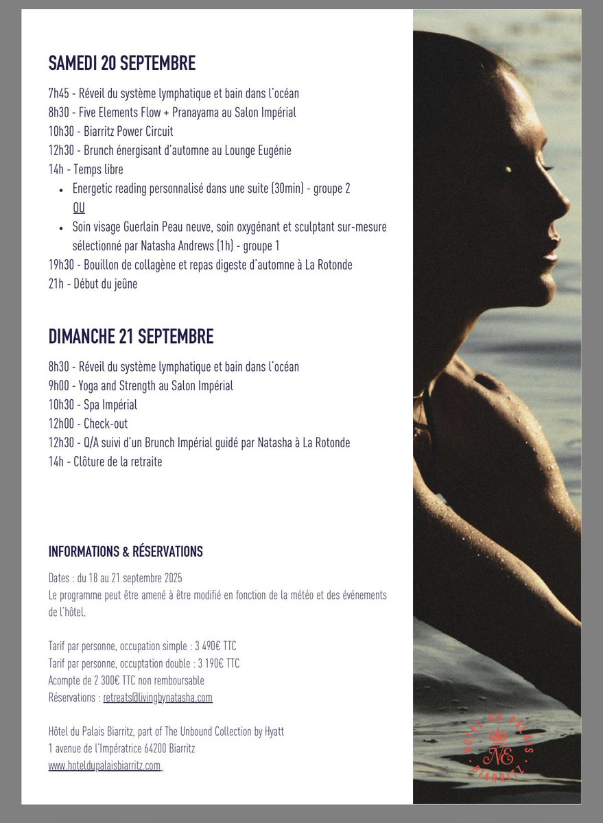 Courageux film pour Pierre Niney dont la femme est « coach instructrice en yoga, nutrition intégrative et ayurvéda, et créatrice de retraites holistiques ancrées dans les rythmes saisonniers » à 3490 €/pers. à base de bouillon de collagène et de brunchs anti-inflammatoires.