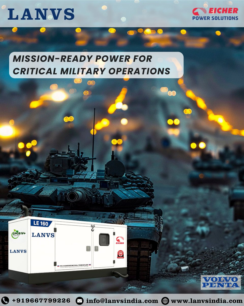 LanvsGreekIndia's tweet photo. Mission Ready Power for Critical Military &amp; Defense Operations
#LANVSGenset #DefensePowerSolutions #MilitaryInfrastructure #MissionCriticalPower #DieselGenerator #SilentDGSet #IndustrialPowerSolutions #PowerBackup #CPCBIVPlus #EicherPower #VolvoPenta #CriticalOperations #Strateg https://t.co/C8FgRlPkiZ