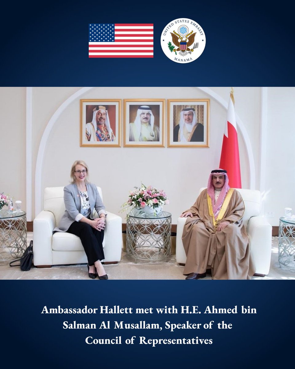 اجتمعت السفيرة ستيفاني هاليت مع معالي السيد أحمد بن سلمان المسلم، رئيس مجلس النواب، حيث تم استعراض أولويات المجلس، والتأكيد على متانة الشراكة البحرينية–الأمريكية ودورها في تعزيز المصالح المشتركة بين البلدين.