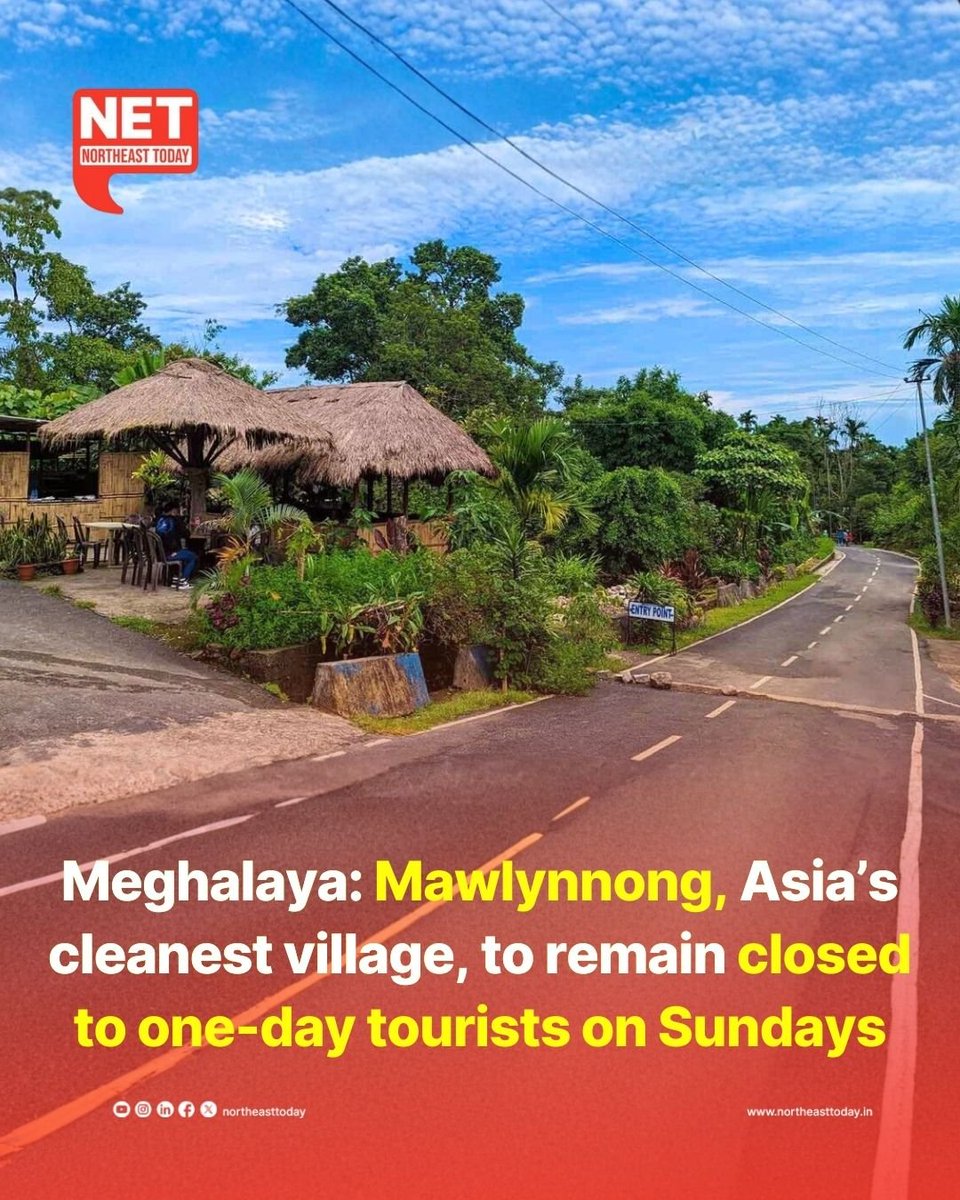 NortheastToday's tweet image. #Meghalaya | Mawlynnong, the famed village in Meghalaya’s East Khasi Hills known as Asia’s cleanest, will no longer allow single-day tourists on Sundays starting January 2026, authorities announced on Thursday.

Read more..
northeasttoday.in/northeast/megh…

#Mawlynnong #Closed #Tourists