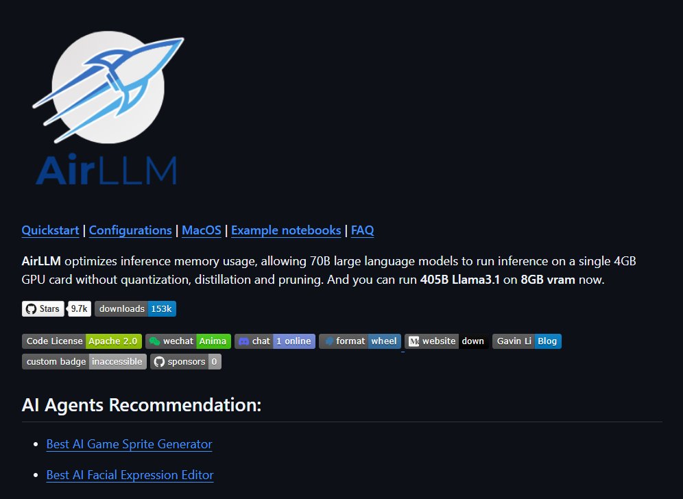 "I don't have a GPU" is officially dead 🤯

You can now run 70B model on a single 4GB GPU and it even scales up to the colossal Llama 3.1 405B on just 8GB of VRAM.

AirLLM uses "Layer-wise Inference." Instead of loading the whole model, it loads, computes, and flushes one layer