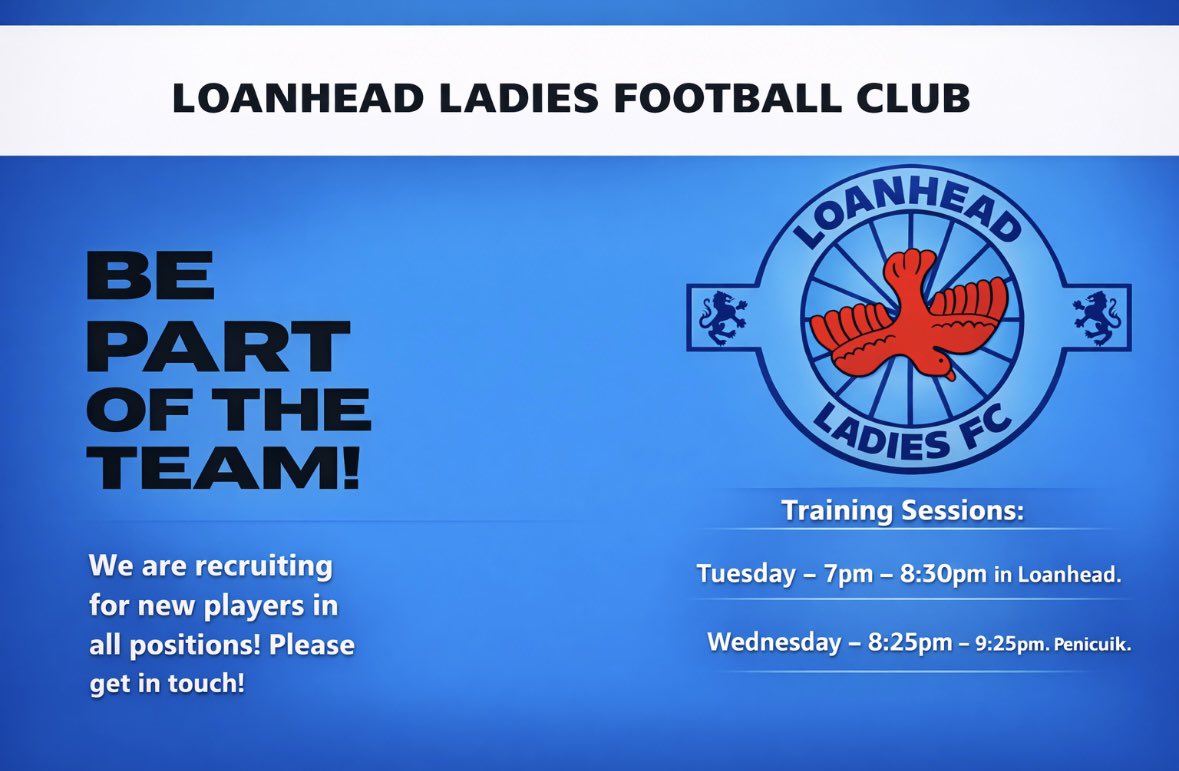 Loanhead Ladies FC are currently recruiting experienced players aged 16+

Contact us today to join the team.