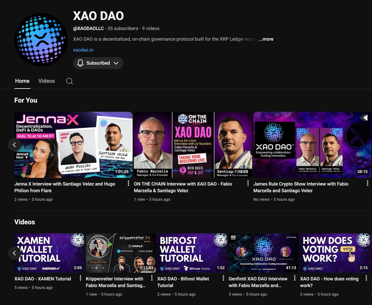 The XAO DAO YouTube Channel is LIVE!

If you're building on the XRP Ledger, holding $XRP, or just love real decentralized governance... this is where the future gets explained, debated, and built. 

Expect:
▪ Deep dives on on-chain voting &amp; proposals 
▪ Updates on grants,