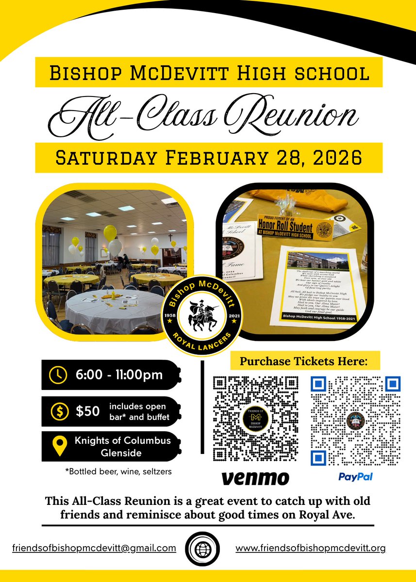 Lancers4Life_'s tweet image. We are ONE MONTH away from the 4th Annual Bishop McDevitt All-Class Reunion.  The event is Saturday February 28 from 6pm-11pm at the Knights of Columbus in Glenside. Tickets can be purchased via Venmo, PayPal, check, or cash at the door-&amp;gt; bit.ly/4a49DGS #LFL