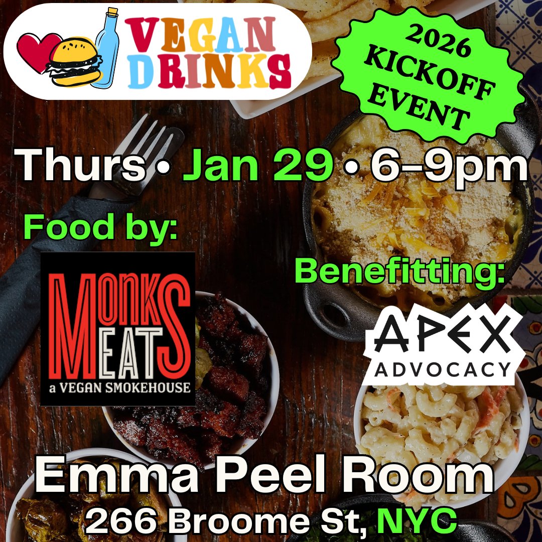 VeganDrinks's tweet photo. 🔥 Vegan Drinks Tonight at 6pm!

Food by Monk's Meats

Benefitting Apex Advocacy

266 Broome St Manhattan

https://t.co/81jUq2RZNC https://t.co/E6Q8kTynsf