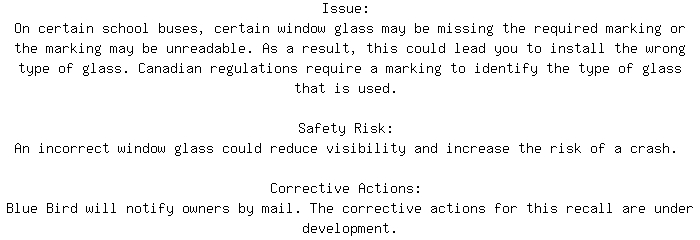 CanadianRecalls's tweet image. Compliance Recall for 2026 BLUE BIRD VISION SCHOOL BUS Visual System. Approx. 46 units affected.