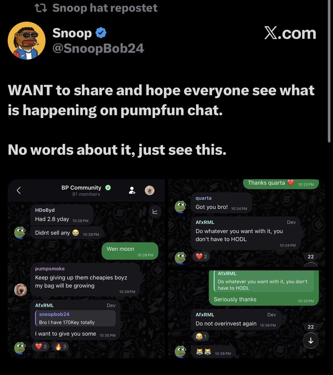 bleshgod's tweet image. This is the biggest confirmation.

$BP dev sent some tokens to @SnoopBob24 as a gift after Snoop told him he didn’t have much money to buy the coin

Soon after, @BPuppy80020 Kevin Gill liked a comment on his IG: “Snoop says thanks about airdrop”

I checked and he doesn’t like all…