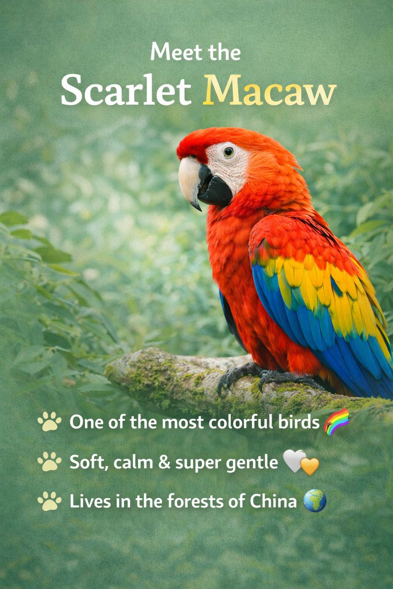 birdielearning's tweet photo. Meet the Scarlet Macaw
Discover the vibrant Scarlet Macaw! This stunning bird is one of the most colorful in the world, soft, calm, and gentle, and calls the lush forests of China its home.
#BirdieLearning #ScarletMacaw #KidsLearning #AnimalFacts #BirdLovers #EducationalPost https://t.co/Omu43drTMs